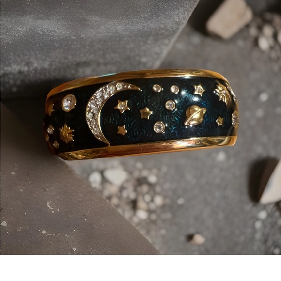 GoldCelestial Enamel Crystal Moon Star Bangle Bracelet Hinged